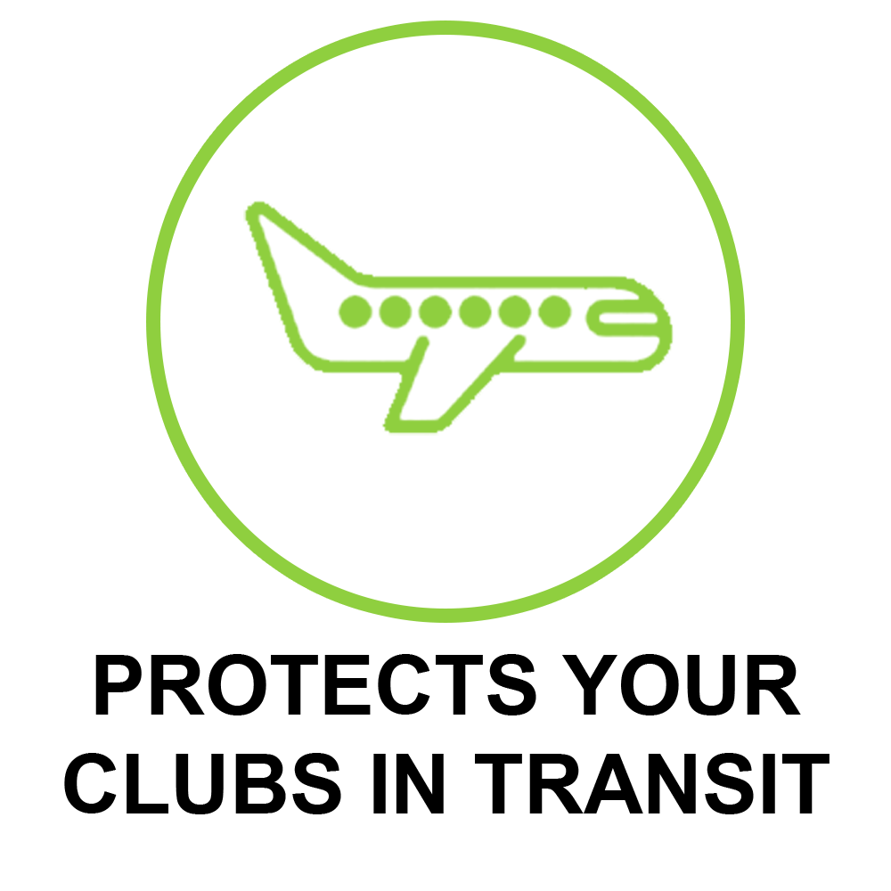 Green airplane icon with text 'PROTECTS YOUR CLUBS IN TRANSIT' on a white background