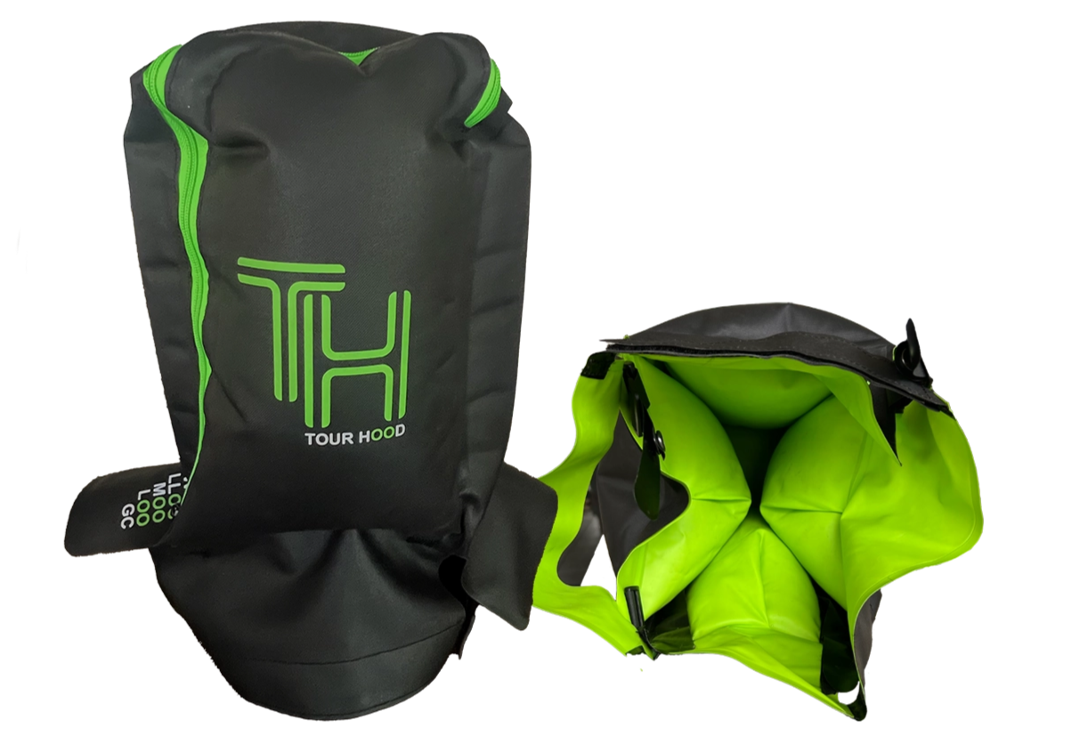 Tour Hood golf travel cover showing exterior and inflated interior for air-cushioned club protection.